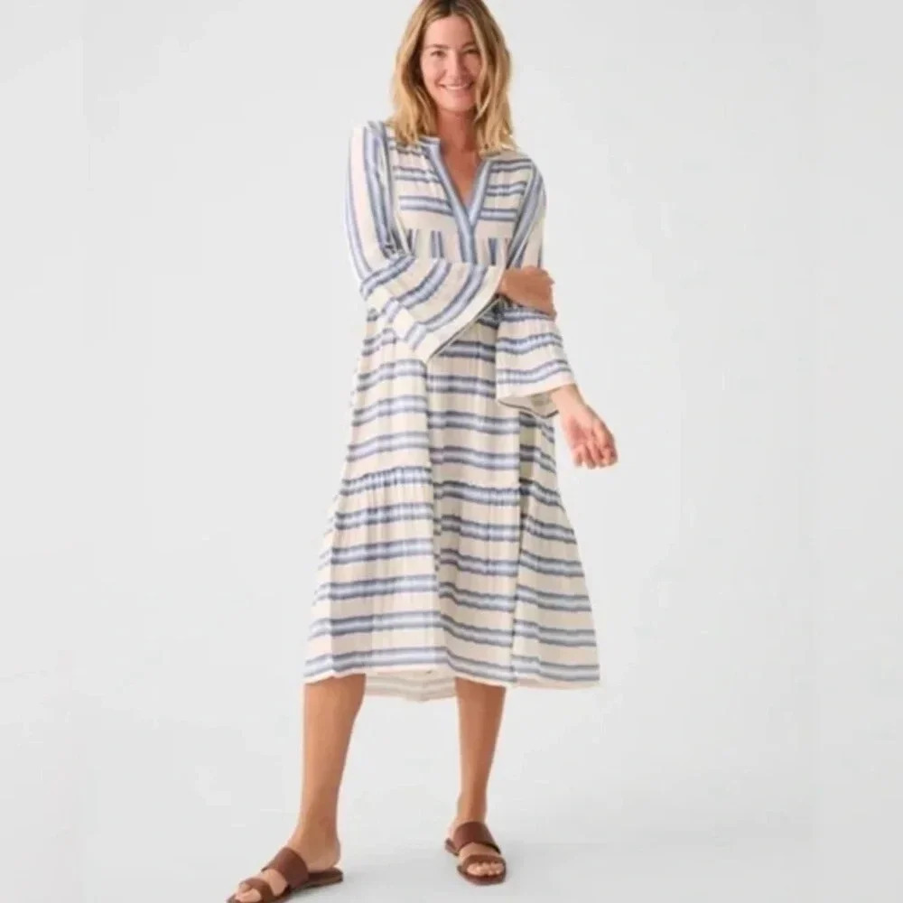 Faherty White and Blue Buttoned Maxi Dress with Bell Sleeves